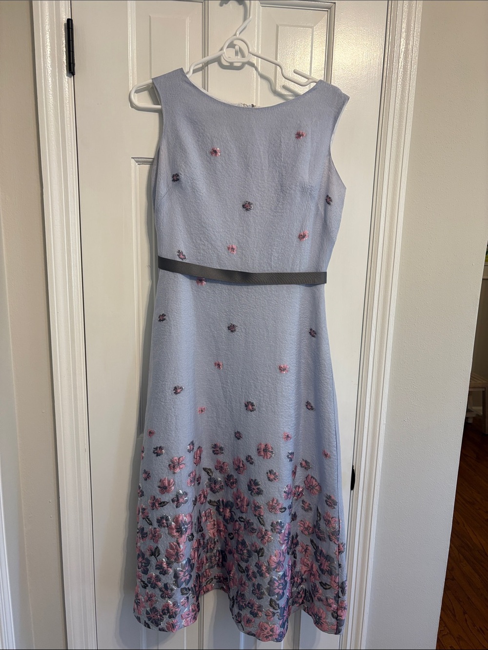 BHLDN Light Blue Midi Dress with Pink Floral Embroidery